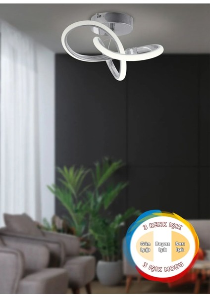 Tekno Trust Modern 3 Renk Işıklı Salon Mutfak Oturma Odası Avize Plafonyer Tavan Mario LED Avize Krom