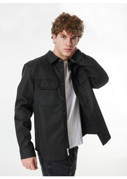 Siyah Erkek Gömlek Normal Düz Denim Gömlek M4WM-GML-1479