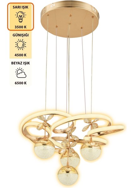 3 Renkli Kumandalı Modern Gold Kaplama Sarkıt LED Avize, 4'lü, 45x70 cm