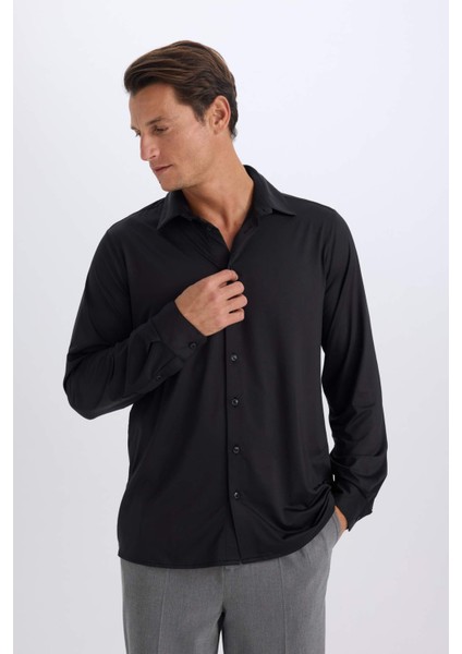 Slim Fit Dar Kesim Polo Yaka Uzun Kollu Siyah Gömlek D4525AX24AU
