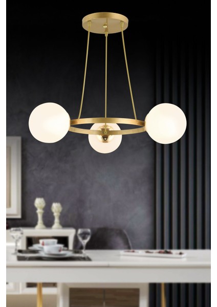 Modern 3'lü halka avize, metal ve cam detaylarıyla şık aydınlatma seçeneği