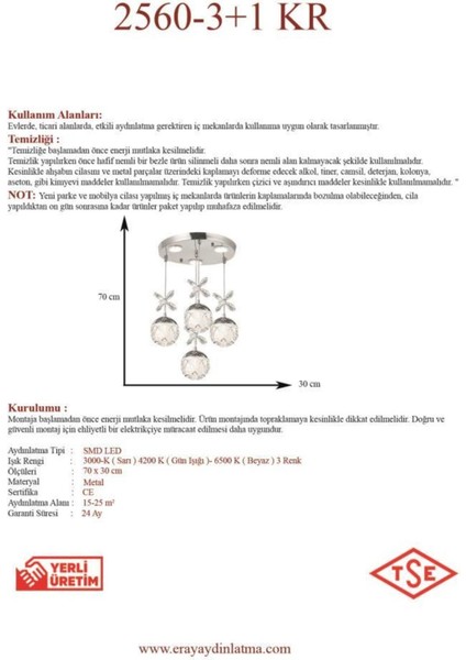 4'lü Krom Sarkıt LED Avize, Metal, 35x35 cm, 4 Ampüllü, Şık ve Modern Tasarım