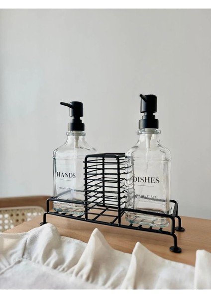 Metal Standlı Cam Sıvı Sabun ve Sabunluk 500 ml Siyah