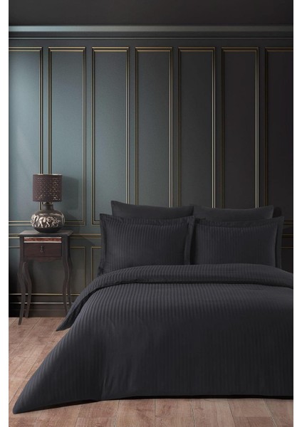 Lastikli Pamuk Çizgili Çift Kişilik Nevresim Takım - Siyah