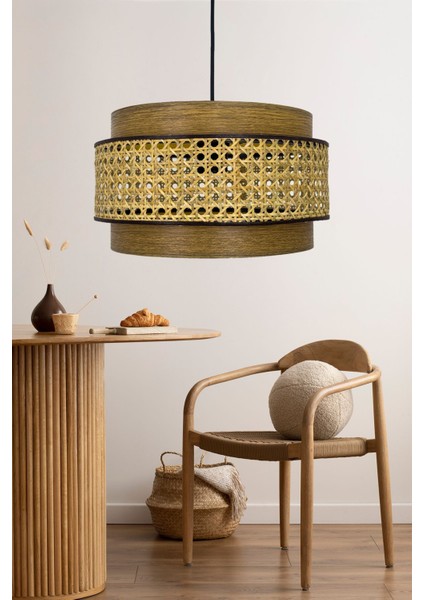 Krem-Kahve Rattan Hasır Dopia Avize, 28x14 cm, tekli, şık ve doğal aydınlatma seçeneği