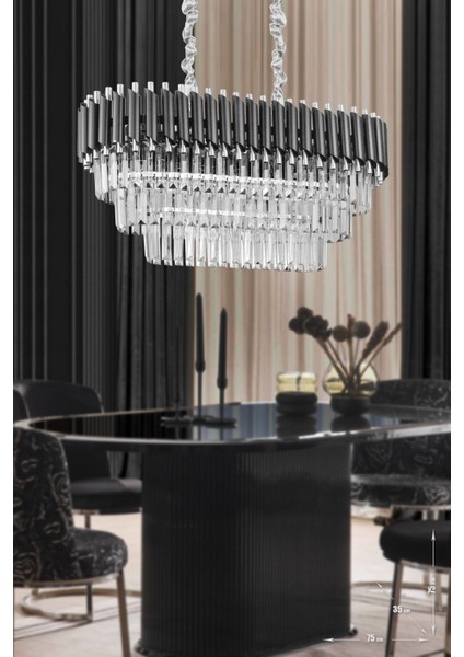 Şık 75x35 cm Kristal Taşlı 3 Katlı Yemek Masası Üstü Avize 6'lı Siyah-Krom