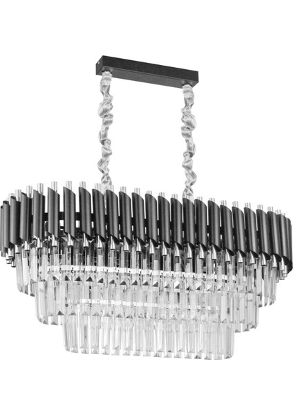 Şık 75x35 cm Kristal Taşlı 3 Katlı Yemek Masası Üstü Avize 6'lı Siyah-Krom