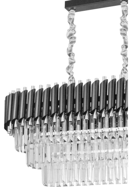 Şık 75x35 cm Kristal Taşlı 3 Katlı Yemek Masası Üstü Avize 6'lı Siyah-Krom