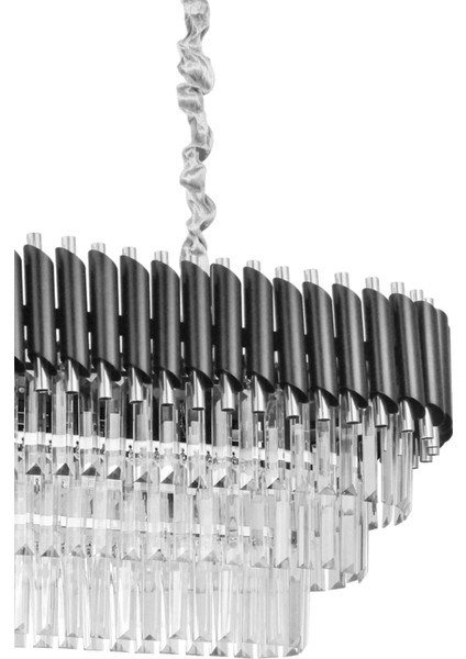 Şık 75x35 cm Kristal Taşlı 3 Katlı Yemek Masası Üstü Avize 6'lı Siyah-Krom