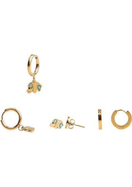 Çelik Kadın Küpe, 3 Çift, Halka ve Top, Gold Renk, No:21