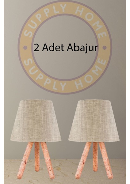 Tasarım Ahşap Üç Ayaklı Abajur Bal Rengi Kabma Dokulu Başlık 2 Adet