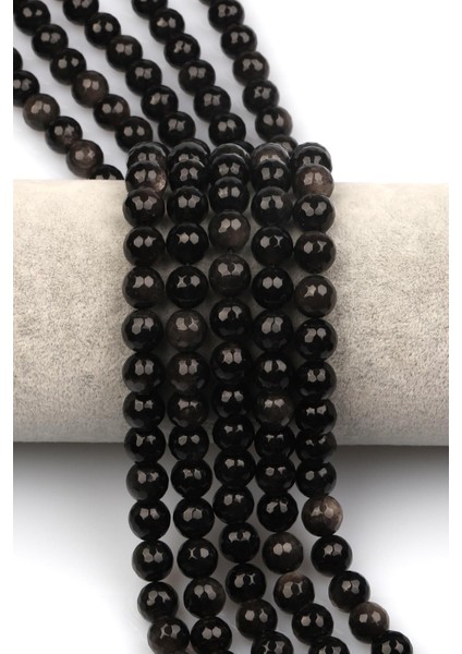 Silver Obsidyen Doğaltaş Dizi 8 mm Fasetli Küre Kesim