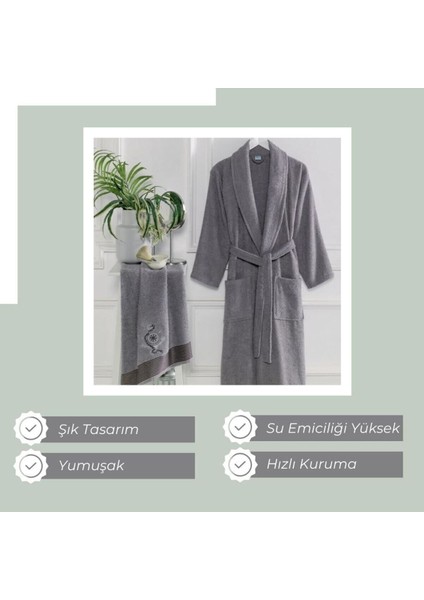 Gri Havlulu Bornoz Seti, yumuşak pamuk, çiftli, şık ve konforlu kullanım sağlar. modelleri