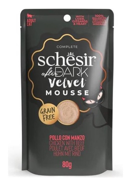 Schesir After Dark Velvet Mousse Tavuklu ve Sığır Etli Pouch Kedi Maması 80 gr 6'lı fiyatları
