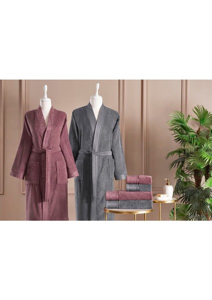 Yumuşak Pamuklu 6'lı Aile Bornoz Seti - Mor ve Antrasit renklerde modelleri