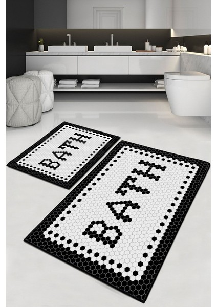 Yıkanabilir Siyah Beyaz 2'li Banyo Halısı ve Klozet Takımı, Kaymaz Taban, 60x40