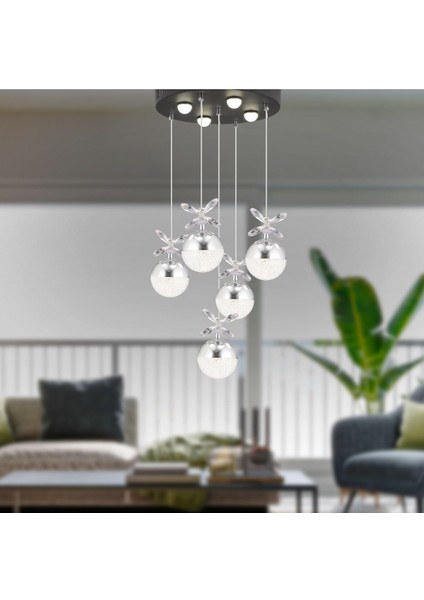 Lokken 5'li Yuvarlak 42 Watt Krom Kristal Ledli Modern Oturma Odası Salon Sarkıt Avize
