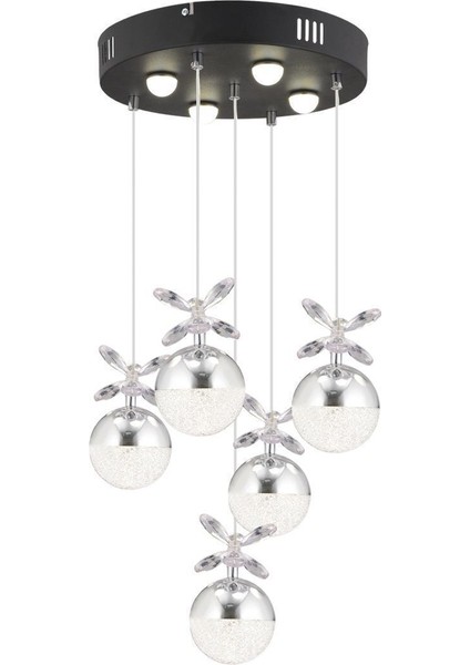 Lokken 5'li Yuvarlak 42 Watt Krom Kristal Ledli Modern Oturma Odası Salon Sarkıt Avize