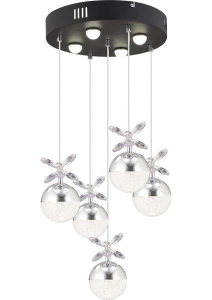 Lokken 5'li Yuvarlak 42 Watt Krom Kristal Ledli Modern Oturma Odası Salon Sarkıt Avize