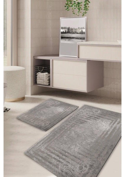 Tekno Trust Modern Desenli Kaymaz Taban Yıkanabilir 2'Li Set Banyo Halısı Paspas Klozet Takımı Kt-Kzsd-233