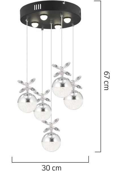 Lokken 5'li Yuvarlak 42 Watt Krom Kristal Ledli Modern Oturma Odası Salon Sarkıt Avize