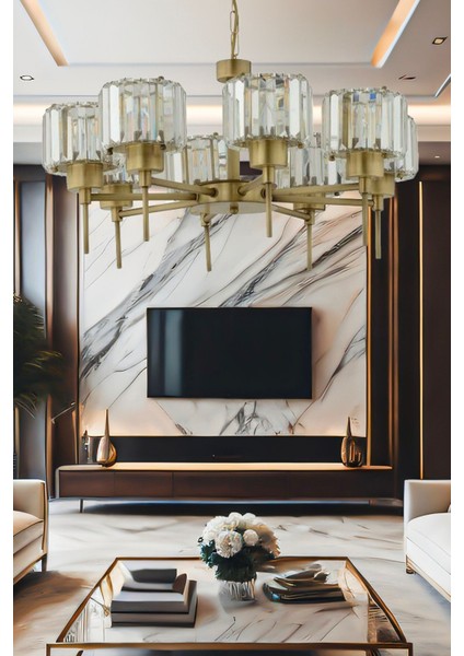 8'li Kristalli Taşlı Modern Salon ve Yatak Odası Avizesi, Metal, 60x70 ölçü