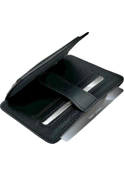 Siyah Deri Çıtçıt Kapamalı 2 Katlı Erkek Kredi Kartlık