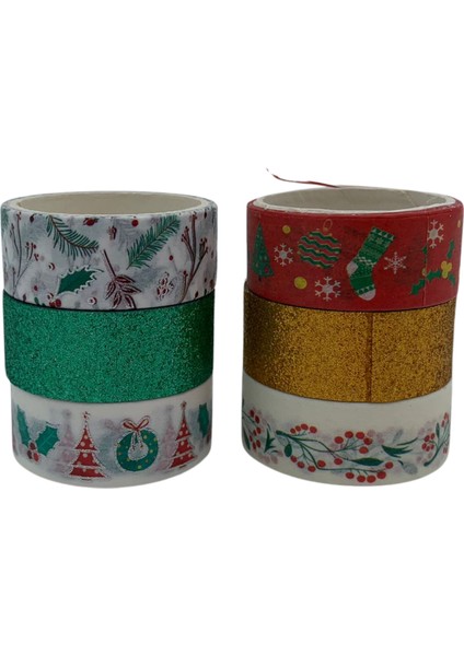 6lı Yılbaşı Desenli Washi Tape & Yeşil-Sarı Simli Bant Seti, Çiçek Yaprak Temalı Rulo Bandı, 15MM-2M