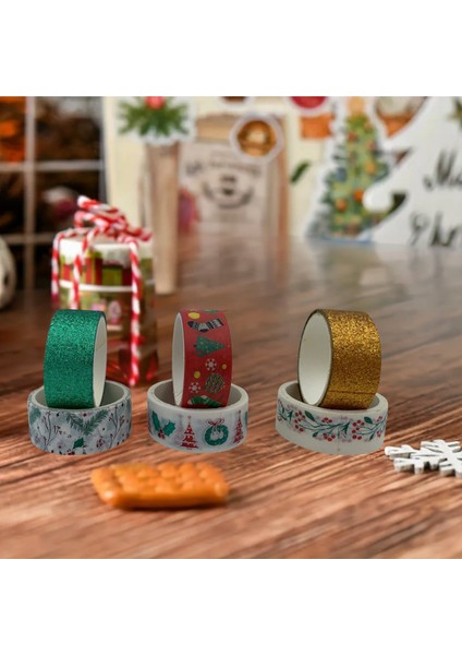 6lı Yılbaşı Desenli Washi Tape & Yeşil-Sarı Simli Bant Seti, Çiçek Yaprak Temalı Rulo Bandı, 15MM-2M