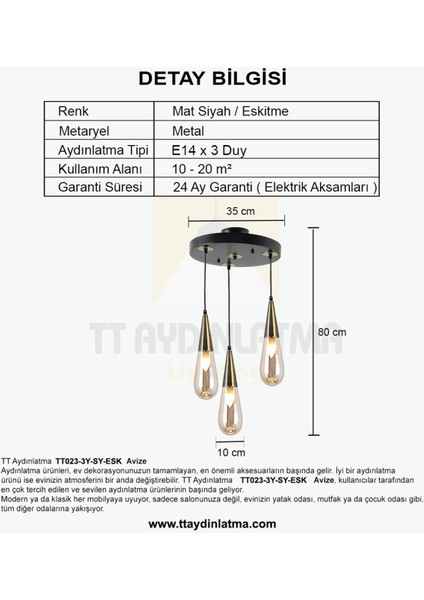 TT023-3Y-SY-ESK Eskitme 3 Lü Damla Modeli Yuvarlak Avize
