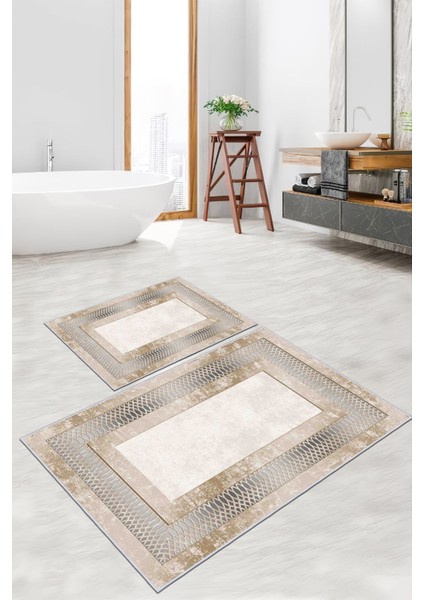 Su Emici Banyo Paspası Takımı, Kaymaz, Makinede Yıkanabilir, 60x100, Vizon