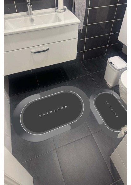 Tekno Trust Su Emici Banyo Paspası Sünger Dolgulu Ikili Makinede Yıkanabilir Gri Siyah Banyo Takımı
