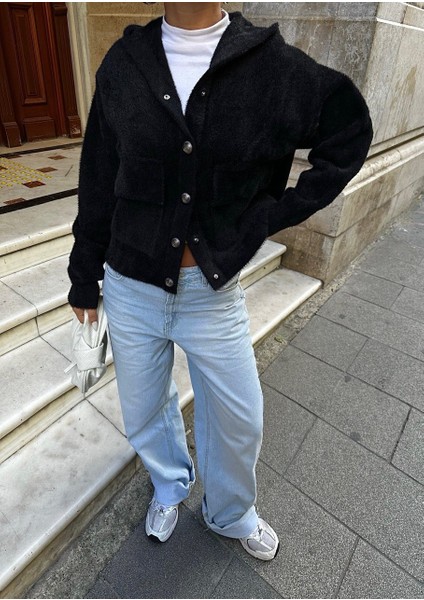 Lymens Fashion Siyah Kısa Kapüşonlu Triko Ceket Yaka Hırka - Günlük Şıklığın Anahtarı