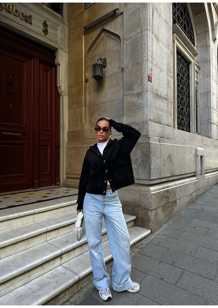 Lymens Fashion Siyah Kısa Kapüşonlu Triko Ceket Yaka Hırka - Günlük Şıklığın Anahtarı indirimleri