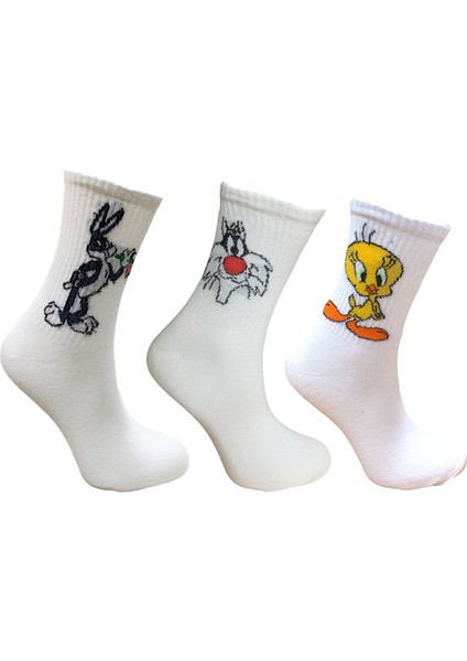 3'lü Bugs Bunny, Sylvester ve Tweety Desenli Kolej Set Çorap