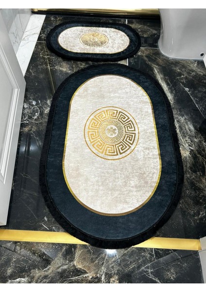 Tekno Trust Kaymaz Taban Makinede Yıkanabilir Siyah Saçaklı Banyo Takımı Paspas Seti