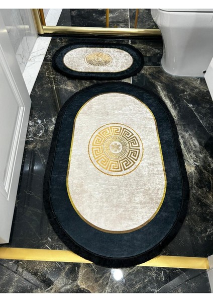 Tekno Trust Kaymaz Taban Makinede Yıkanabilir Siyah Saçaklı Banyo Takımı Paspas Seti