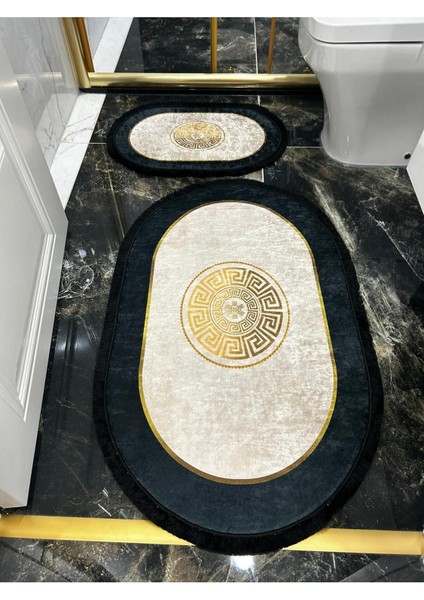 Tekno Trust Kaymaz Taban Makinede Yıkanabilir Siyah Saçaklı Banyo Takımı Paspas Seti