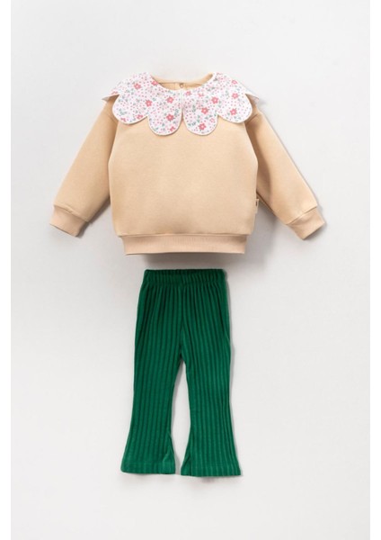 Papatya Yakalı Taytlı Kız Çoçuk 2 li takım - Yeşil
