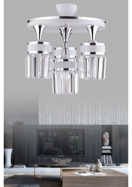 Beyaz krom yaldızlı 4'lü kristal avize, modern tasarım, metal malzeme, 4 ampül başlığı