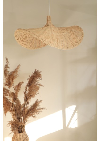 Bej Rattan Avize, Şık ve Ferah Modern Aydınlatma, Bambu Materyal, 60x70 Boyut