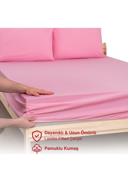 Ranforce-Pamuklu Tek Kişilik Lastikli Çarşaf Takımı 90x190-Pembe