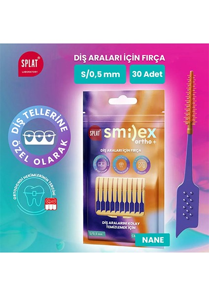 0,5mm S Beden Elastik Uçlu Diş Arası Fırçası Smilex Ortho+ Nane Aramolı