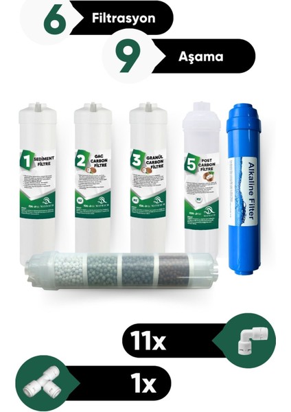 Su Arıtma 6 Filtre 9 Aşama Alkalin Filtre Takımı 6 Filtre 9 Aşama Mineral Filtre Seti Membransız