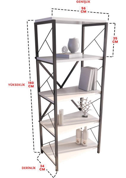 5 Raflı Metal Kitaplık Çok Amaçlı Kütüphane Salon Ofis Evrak Rafları
