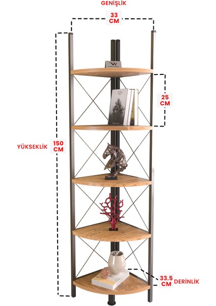 5 Raflı Metal Köşe Kitaplık Çok Amaçlı Ahşap Dekoratif Raf