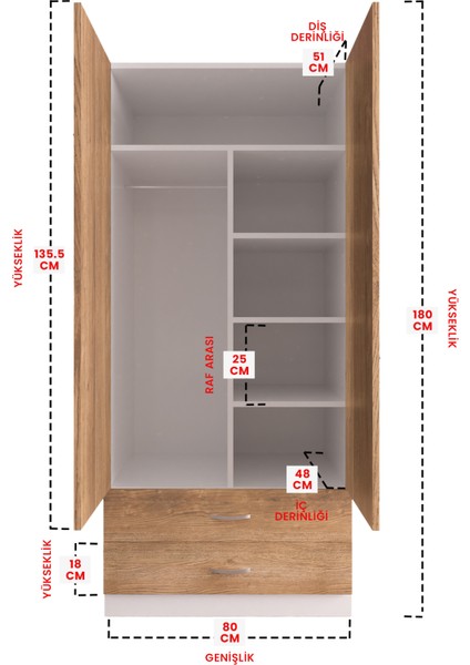 Aynalı 2 Kapaklı Gardırop 5 Raflı 2 Çekmeceli Askılı Elbise Dolabı fırsatları