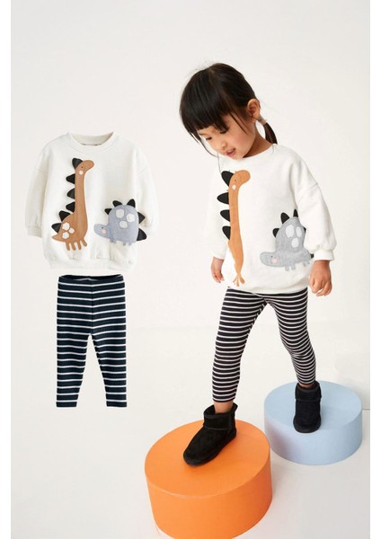 Dino Desenli Kız Çocuk 2 Li Taytlı takım - Beyaz