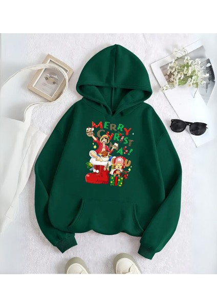 One Piece Merry Christmas Baskılı Kapşonlu Sweatshirt