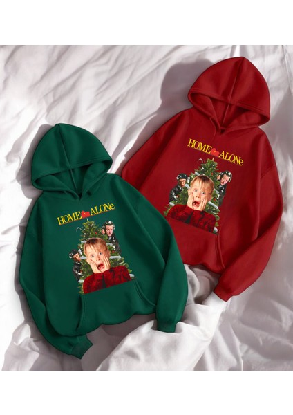 Evde Tek Başına Çift Merry Christmas Baskılı Kapşonlu Sweatshirt